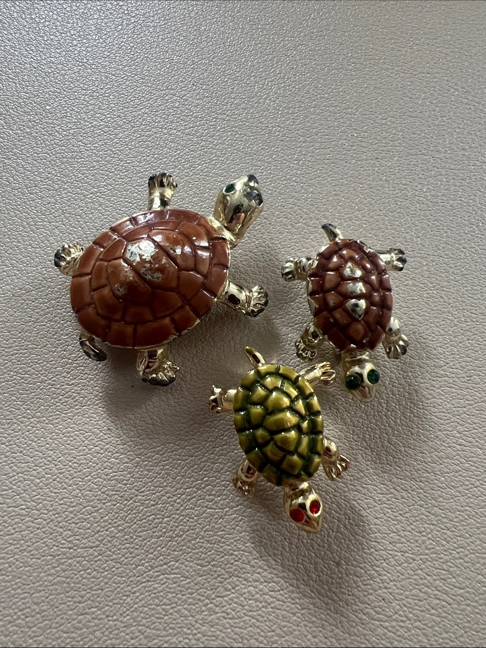 Vintage Enamel Turtle Brooch Pin Lot Set 3 Gold Tone Rhinestone Eyes